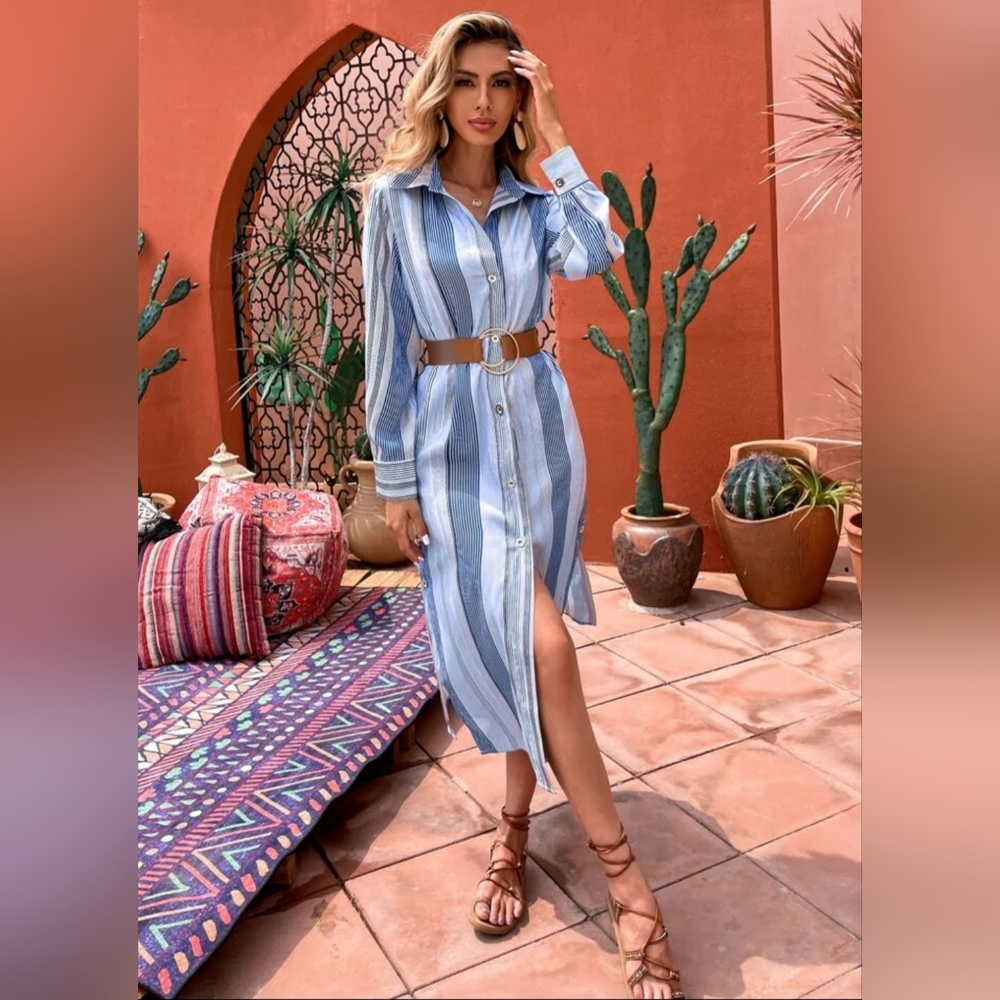 SHEIN Striped Belted Shirt Dress